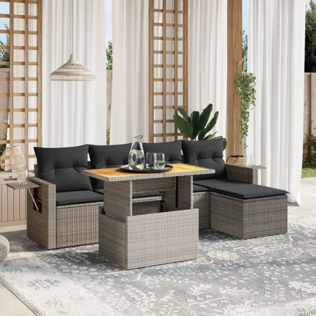 vidaXL 6-delige Loungeset met kussens poly rattan grijs, foto 2
