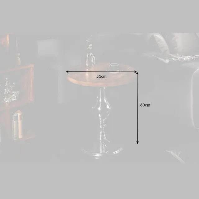 Invicta Interior Design bijzettafel EXTRAVAGANCIA 50cm massief mangohout ronde metalen kolomvoet zilver - 39090 Zie omschrijving