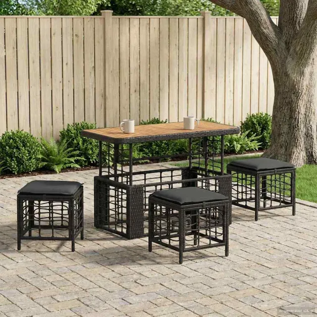 vidaXL Tuin eettafelset 4 st Zwart en Grijs Poly Riet en Acaciahout