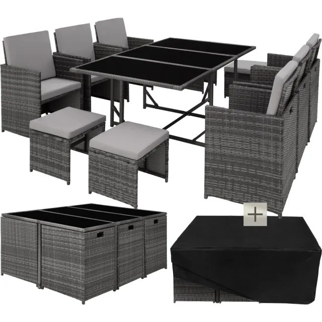 Tectake Tuinset Malaga - Outdoor Balkon Tuinmeubelset - Loungeset met 6 stoelen, 4 krukken, 1 tafel en beschermhoes - Wicker vlechtwerk - Weerbestendig en Ruimtebesparend - Grijs