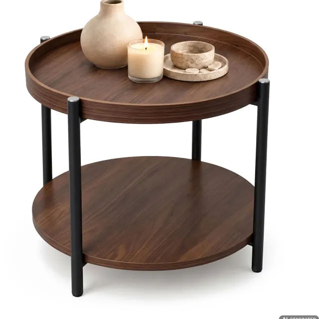 Akord Salontafel RIVA / Walnootlook / 51 cm / Rond / Plank / Zwarte Poten / Industriële Stijl / 51 x 51 x 40 cm Walnoot/zwart