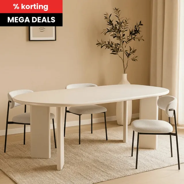 Mahom Eettafel Organisch Savannah Microcement Paneelpoot 210 cm Beige Mahom Industrieel - Dinertafel van Mangohout & Metaal - Industriële Eettafel Bruin