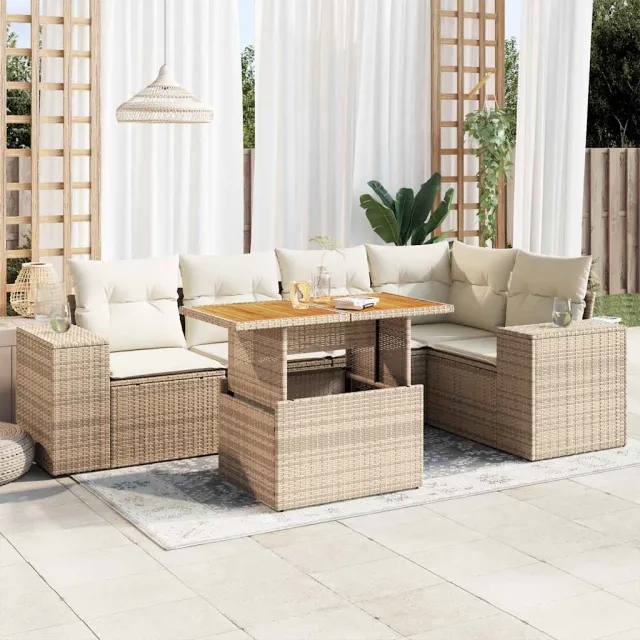 vidaXL 6-delige Loungeset met kussens poly rattan beige, foto 2