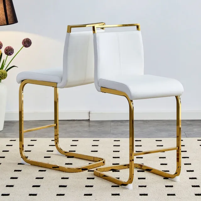 COVREO Barstoelen Set van 2, 39x46,5x96,5 cm, Wit Kunstleer met Goudkleurig Frame, Rugsteun en Voetensteun, Stijlvol Scandinavisch, voor Eetkamer en Restaurant White en Gold