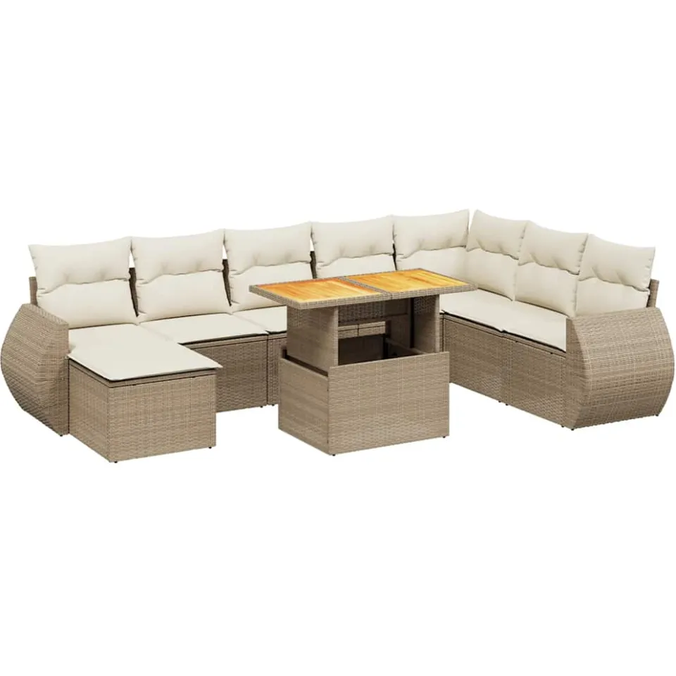 vidaXL 9-delige Loungeset met kussens poly rattan beige, foto 3