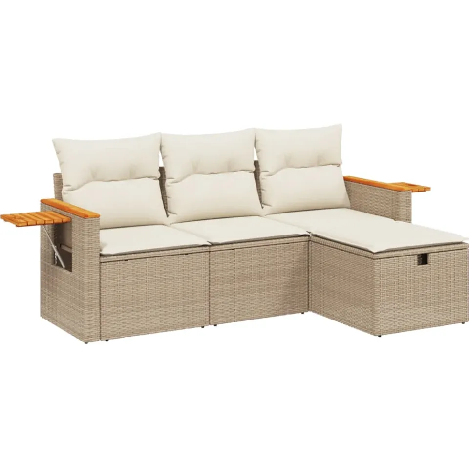 vidaXL 4-delige Loungeset met kussens poly rattan beige, foto 3