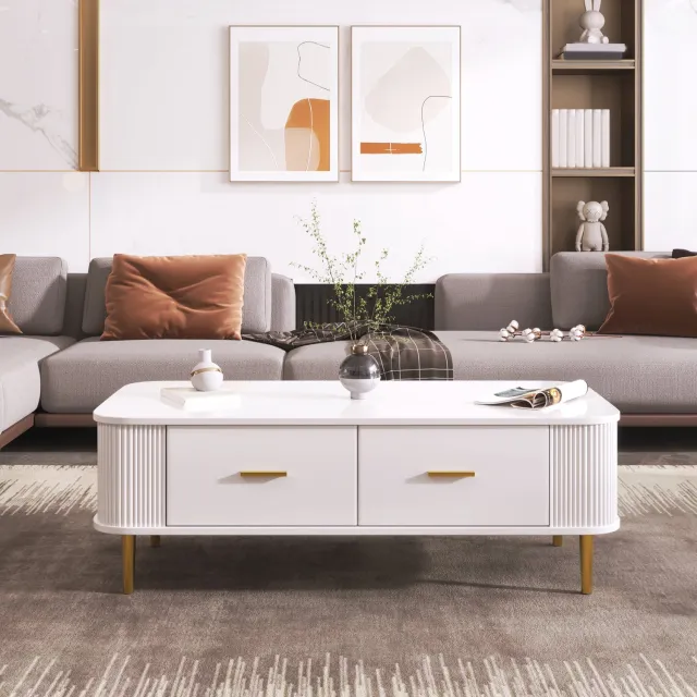 DantefHandels Salontafel met laden, geschwungenen Ecken, woonkamertafel met gewellten Seiten, goldenen Griffen en potenn, bijzettafel wit