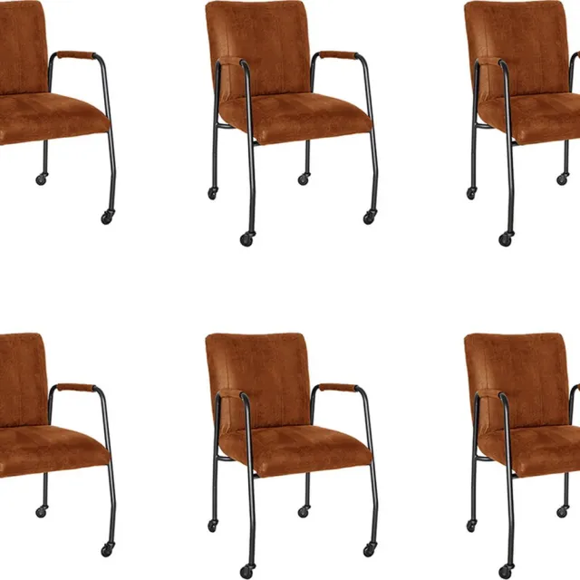 Bronx71 Eetkamerstoel met wieltjes Mila eco-leer cognac - Eetkamerstoelen set van 6 - stoel