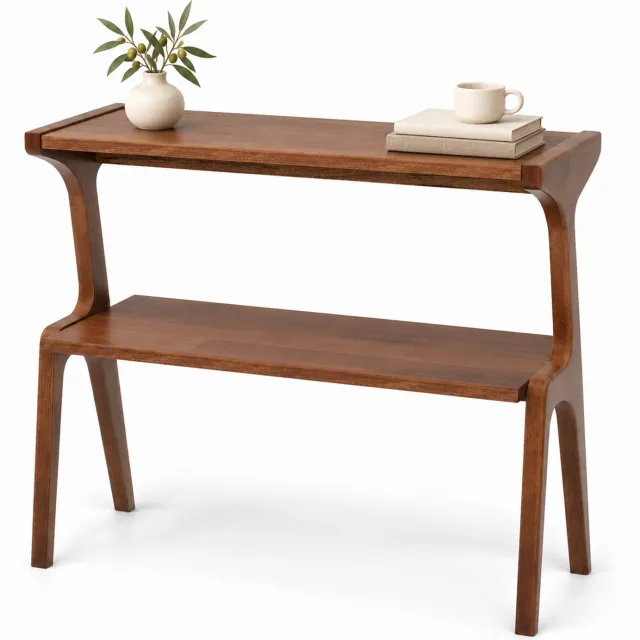 DMG Supply Bijzettafel - Smal - 2 Lagen - 70 x 30 x 67 cm - Bruin - MDF en Rubberhout