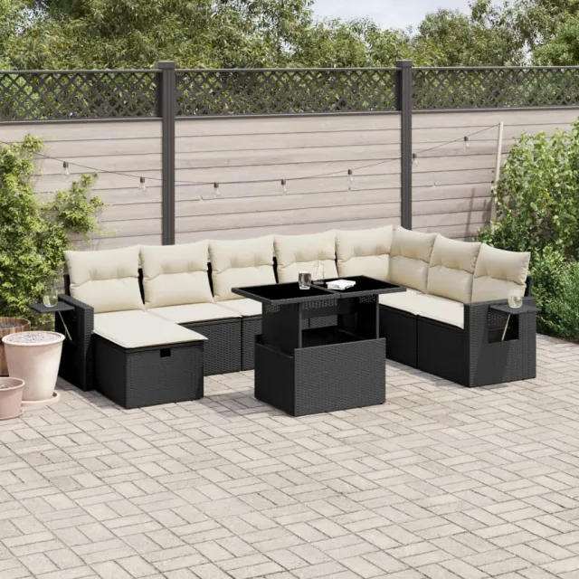 vidaXL 9-delige Loungeset met kussens poly rattan zwart, foto 2