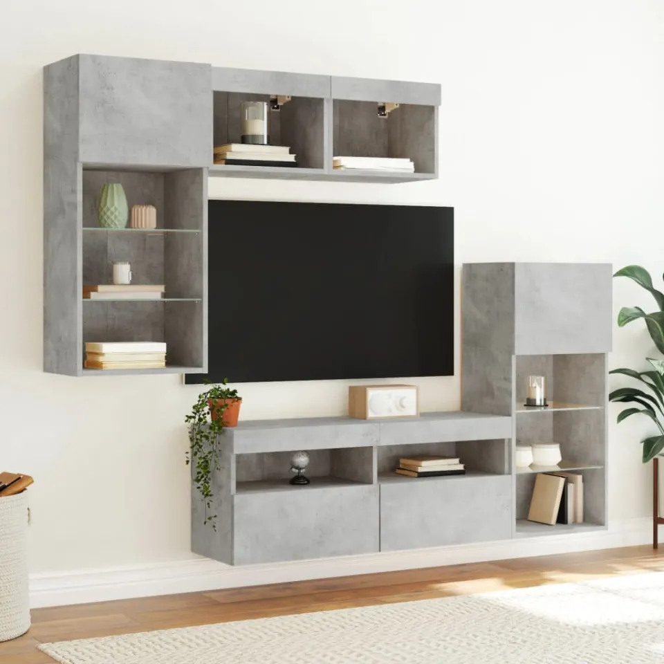 vidaXL 5-delige Tv-wandmeubelset met LED bewerkt hout betongrijs grijs, foto 2