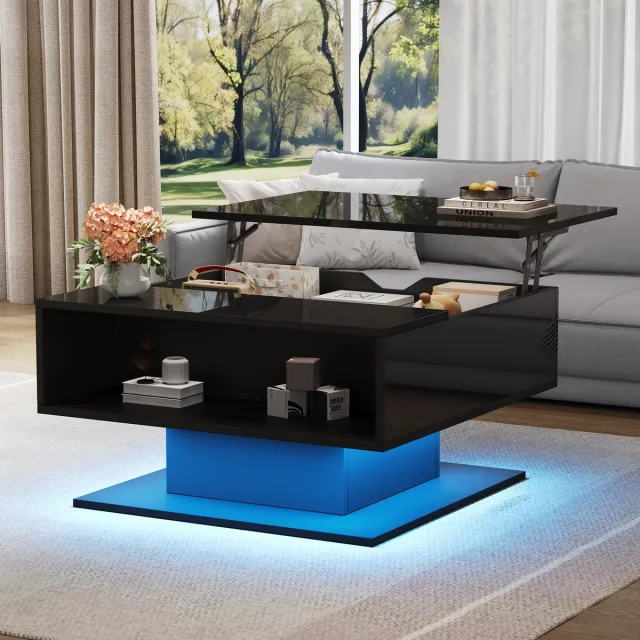 HAUSS SPOLE Salontafels Koffietafel - Salontafel Met LED En Hoogglans - Verstelbaar Met Halboffene En Verborgen Opbergruimte - 80x77x40 cm - Spaanplaat - Zwart