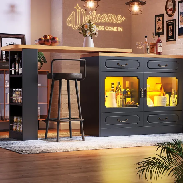 DESMIU Bartafel - Uitschuifbaar En Draaibaar Met Led En Opbergruimte - Voor Woonkamer Eetkamer En Slaapkamer - MDF - 135-203x39x92,8 Cm - Zwart Naturel