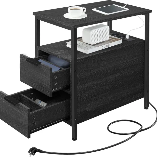 FurnStar Bijzettafel - Nachtkastje met Stekkerdoos - 2 Laden - Banktafel - Nachtkastje voor Woonkamer en Slaapkamer - Antracietgrijs - Inktzwart