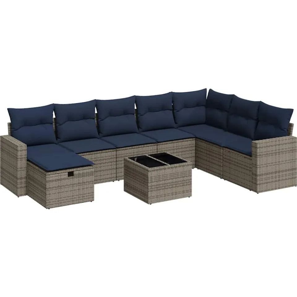 vidaXL 9-delige Loungeset met kussens poly rattan grijs, foto 3