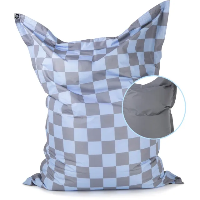 Lumaland XXL Zitzak Karo – 380L Reuze Bean Bag voor Binnen & Buiten, Voor Volwassenen en Kinderen, Waterdicht, Afwasbaar, EPS-vulling, 140×180 cm grijs, wit
