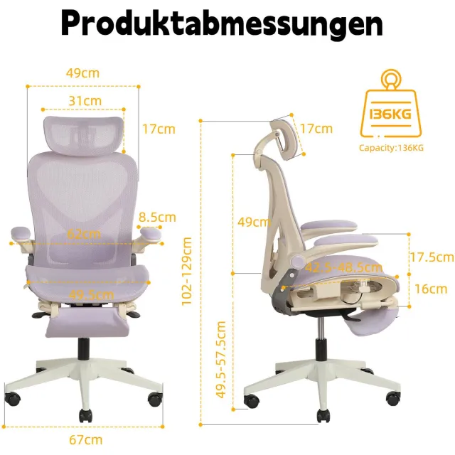 MODENUIT Bureaustoel - Met Lendensteun En 3D Hoofdsteun En Kantelfunctie - Werkplek - Mesh - Paars