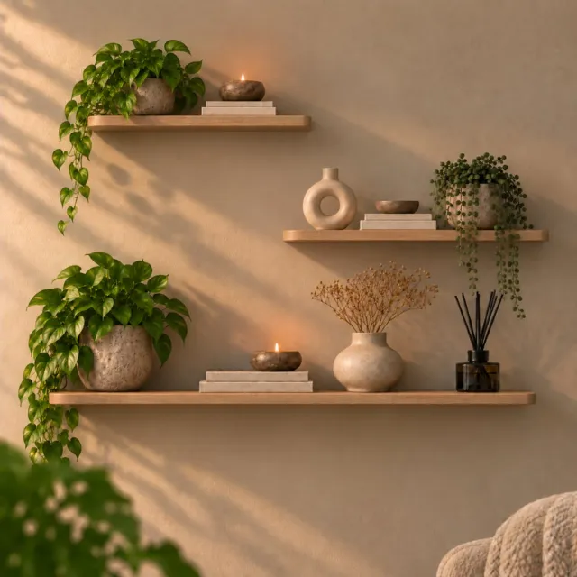 Stylingathome Japandi Wandplanken – Set van 3 – Massief Oud Eiken – 40, 60 & 80 cm – 15 cm Diep Bruin/Naturel