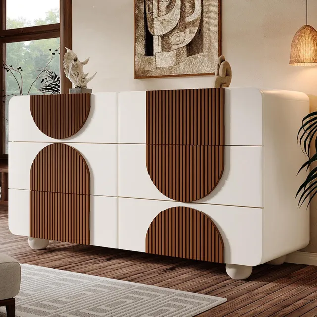 Pugsdrly Commode met 6 lades en gebogen design, elegante witte buffetkast met chocoladekleurige houten latten, stille uitschuifbare lades en kantelbeveiliging, 121x71x41 cm (B/H/D)