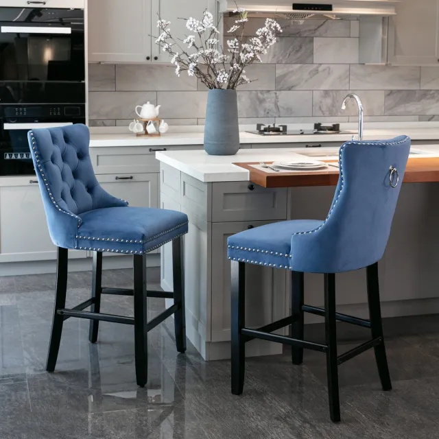 Clruro Moderne Velvet Barstoelen - Set van 2 - Knopen Tufted Decoratie - Houten Poten & Chrome Nailhead Trim - Blauw