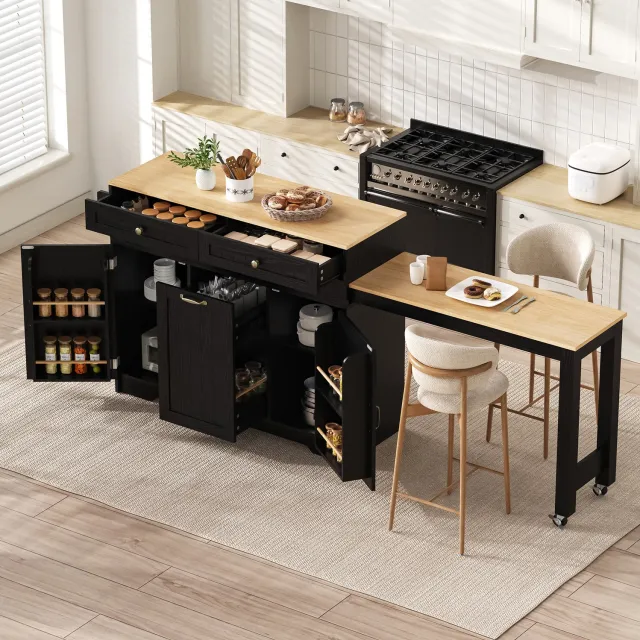OKWISH Keukeneiland - Vrijstaand Met Wielen - Uitschuifbare Zijtafel - 2 Lades En Opbergruimte - MDF Zwart Met Houtlook - 188,6 x 36,7 x 91 cm