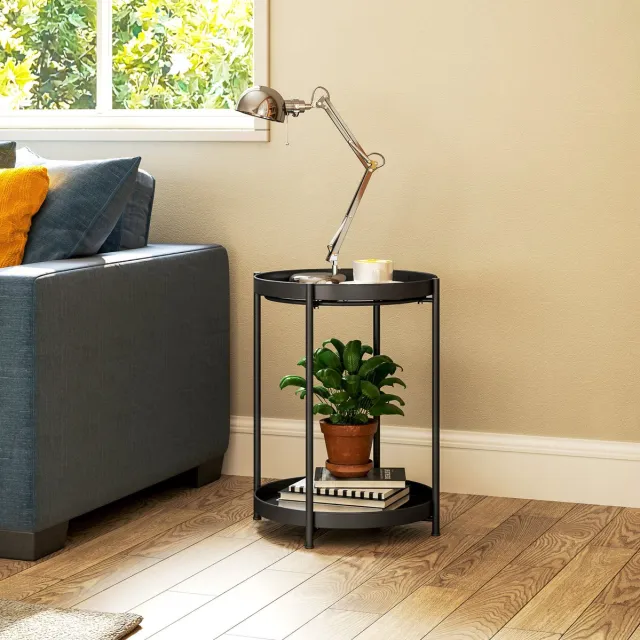 MODENUIT Bijzettafel - Ronde Metalen Bijzettafel Met 2 Lagen - Voor Woonkamer En Slaapkamer - Zwart - 44x44x56 Cm