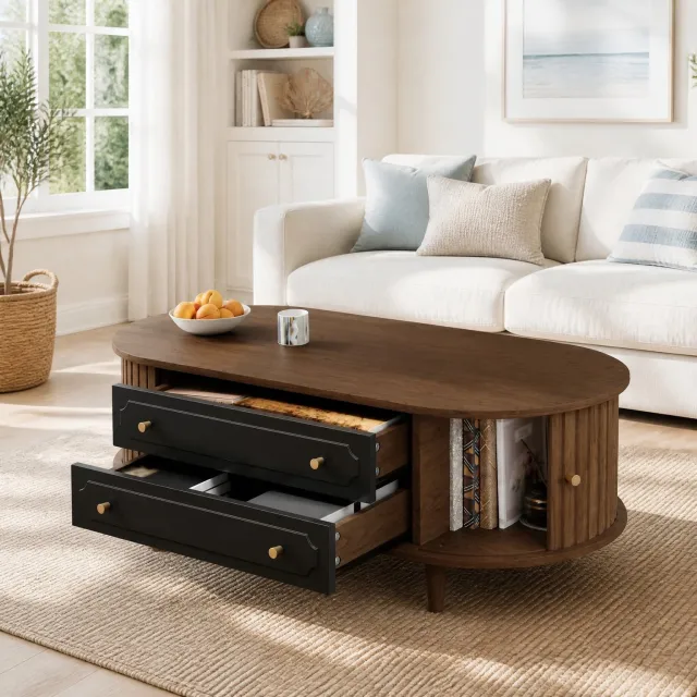 CHICFURN Salontafel - Opbergruimte - 2 lades en roldeuren - Walnoot en zwart Walnootkleur