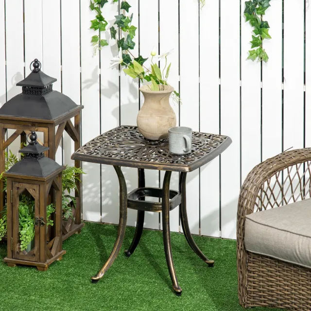 MEUNIQ tuintafel bijzettafel 54 x 54 x 52,5 cm met parasolgat en verstelbare voetdoppen, aluminium buitentafel voor tuin en balkon, vierkant, brons Bronze