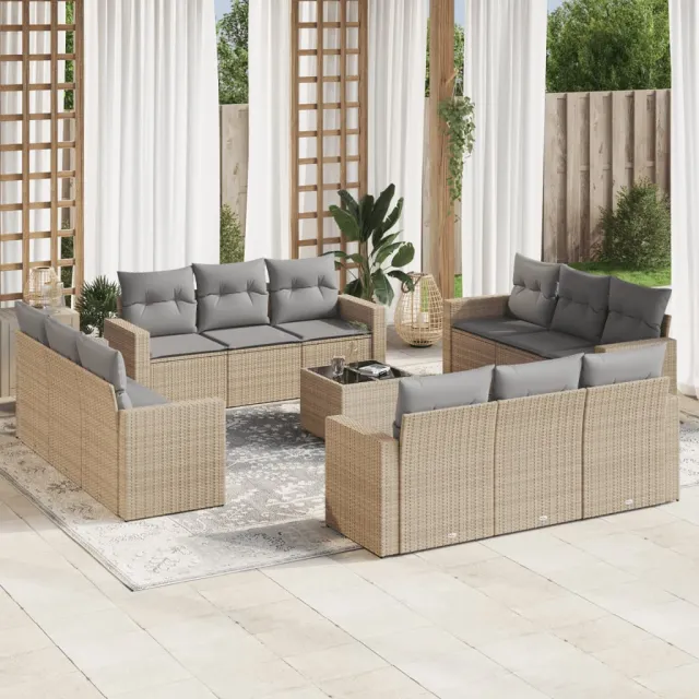 vidaXL 13-delige Loungeset met kussens poly rattan beige, foto 2