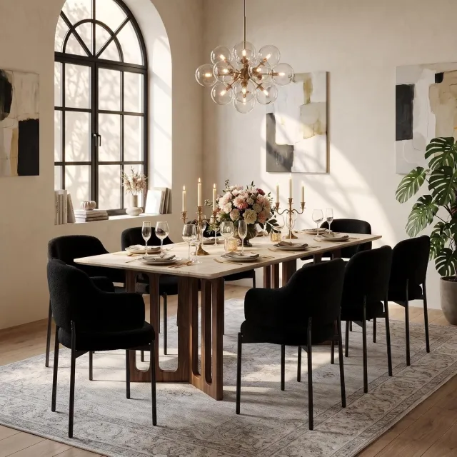 Puluomis Eetkamerstoelen - Set van 8 - Teddy Fleece - Metalen poten - Gevoerde zitkussens - Gebogen rugleuning armleuning - Zwart