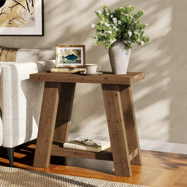 Tribesigns massief hout Bijzettafel - 2-Laags Slanke Bankbijzettafel- Rustiek Bruin - 70 x 40 x 65 cm - Moderne Hoge Bijzettafel met Plank - nachtkastje voor de slaapkamer, woonkamer