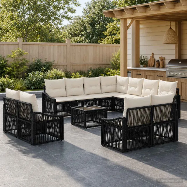 vidaXL Tuinbankenset 12 st 11-zits Zwart poly rattan, foto 2