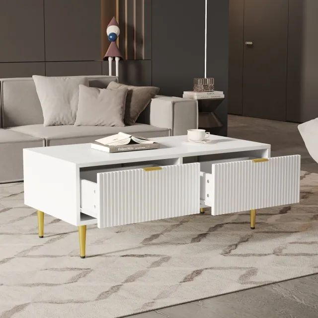 COVREO Salontafel 100x50x40 cm – wit en goud, 2 lades, MDF, rechthoekig ontwerp