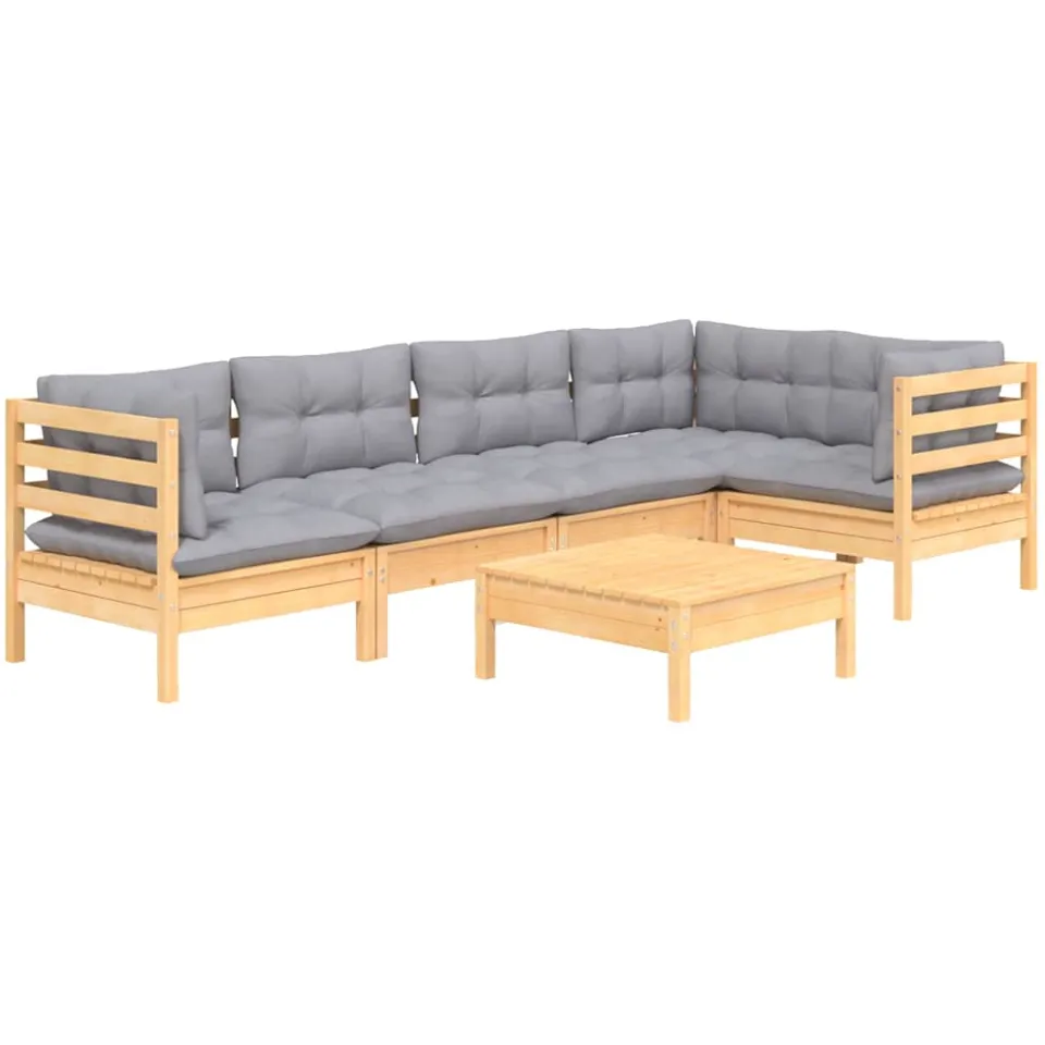 vidaXL 6-delige Loungeset met grijze kussens grenenhout grijs