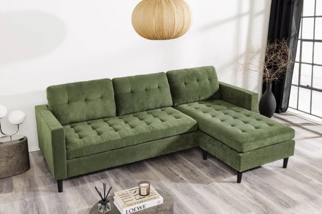 Invicta Interior Retro hoekbank STOCKHOLM 220cm Groen corduroy stof Spring Core 3-zits - 44152 Zie omschrijving