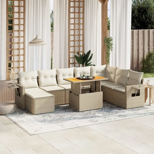 vidaXL 9-delige Loungeset met kussens poly rattan beige, foto 2