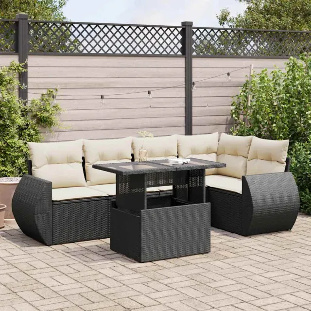 vidaXL 6-delige Loungeset met kussens poly rattan zwart, foto 2