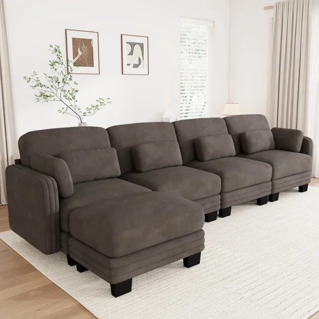 FloraGrace Hoekbank 330 x 143 x 88 cm - Vier Zitplaatsen en Losse Voetenbank - Verplaatsbare Kussens - Woonkamer - Chenille - Bruin
