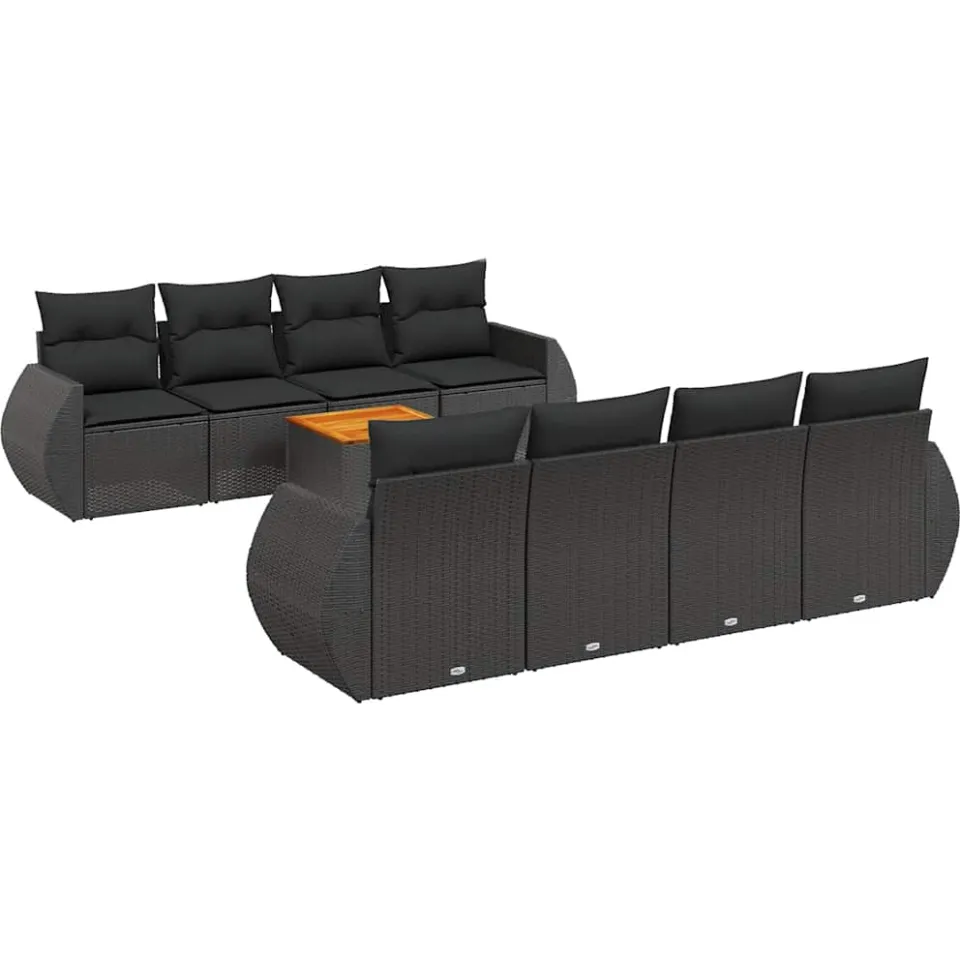 vidaXL 9-delige Loungeset met kussens poly rattan zwart, foto 3