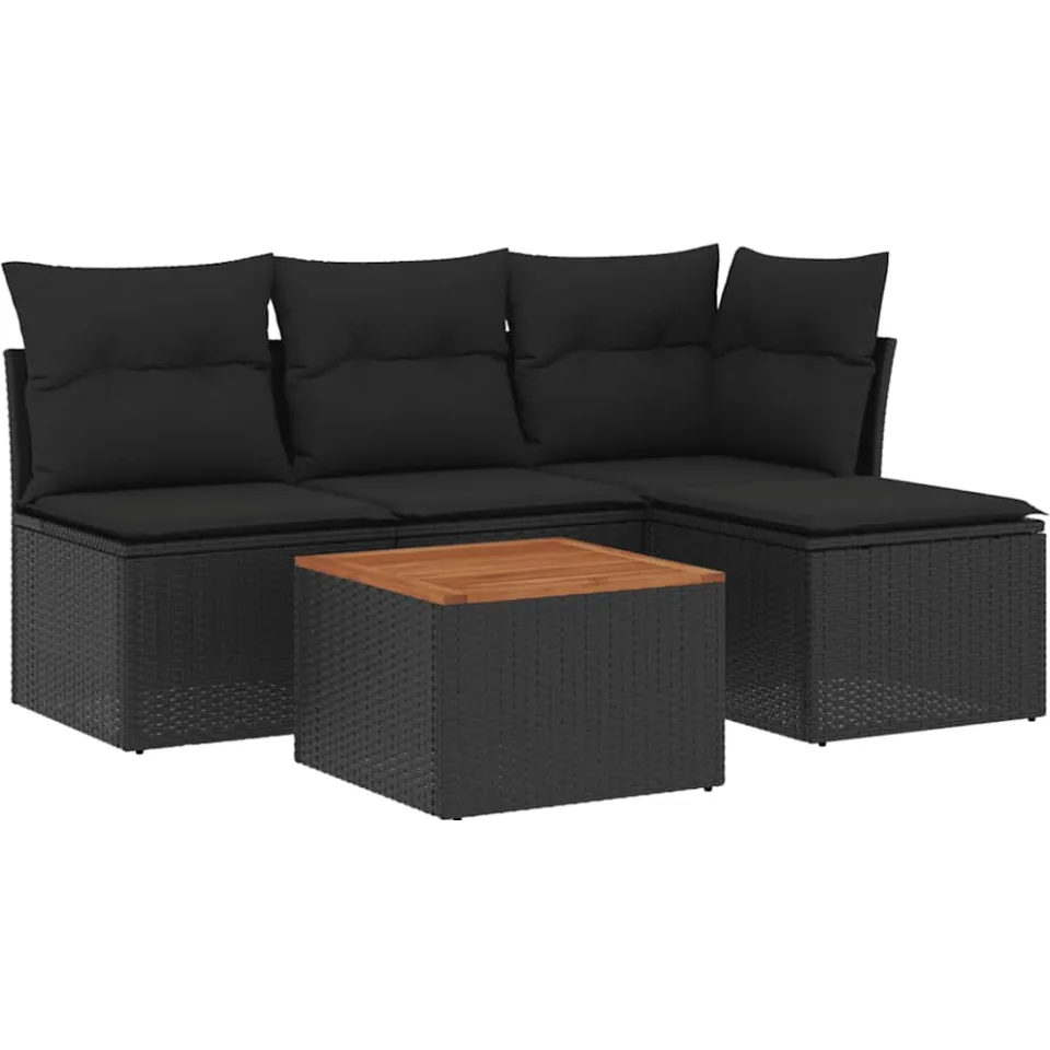 vidaXL 5-delige Loungeset met kussens poly rattan zwart