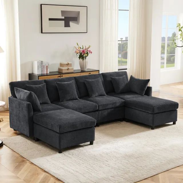 Zubaliya 4-zits hoekbank - 278 x 161 x 81 cm - chenille bekleding - modulair samen te stellen - inclusief kussens - met veer- en schuimvulling - Grijs