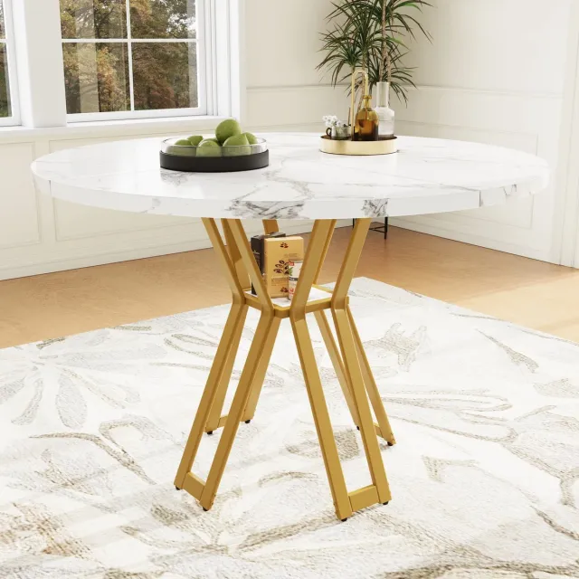 MEUNIQ ronde eettafel 100 x 100 x 76 cm met marmerlook MDF tafelblad en gouden metalen poten, eettafel voor 4-6 personen voor eetkamer woonkamer of kantoor Gold+White