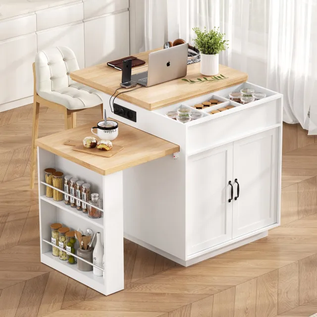 Wishdor Keukeneiland Met Uitschuifbare Eettafel - Met Rollen, LED-Verlichting En Oplaadpunt - Scandinavisch Ontwerp - Voor Keuken En Eetkamer - MDF Met Houtlook - Wit - 125,5 Tot 187,5 X 71 X 93 Cm