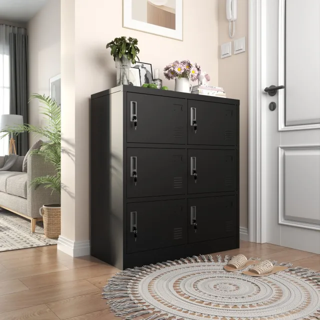 Wishdor Metalen Lockerkast Met 6 Deuren - Afsluitbaar Met Ventilatiesleuven En Kaartvakken - Modern Voor Kantoor Of School - Staal - Zwart - 100 X 90 X 40 Cm Zwart (6 Deuren)