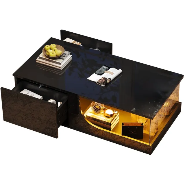 Merax Salontafel 100x50x30 cm - Zwarte Hoogglans Koffietafel met 2 Lades en LED Verlichting - Tafelpblad van Gehard Glas - Moderne Woonkamertafel van MDF - Design Bijzettafel met App-besturing