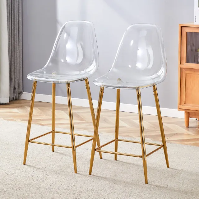 STILVORA Barkruk 65 Cm - Set Van 2 Met Rugleuning En Voetsteun - Voor Keukeneiland, Bar En Eetkamer - Kunststof En Metaal - Transparant Goud