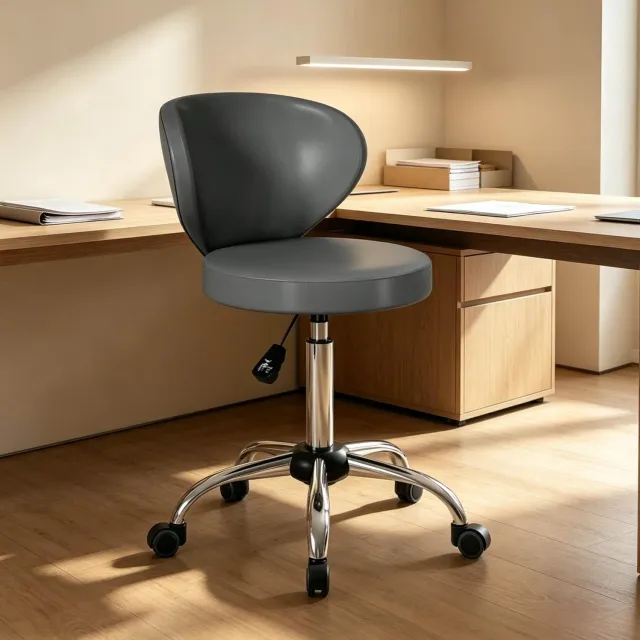DESMIU Bureaukruk 45 x 54 cm - 360 Graden Draaibaar, In Hoogte Verstelbaar Met Rugleuning En Wielen - Voor Kantoor En Werkruimte - Kunstleer Grijs