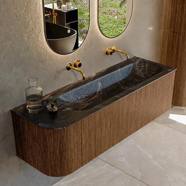 Mondiaz KURVE-DLUX 145 cm Onderkast Greeploos 1 Lade Met Deuren Walnut, Wastafel Solid Surface Rechts Lava 0 Kraangaten Zonder Spiegel (KRVBGL145L1L1D0KR-Wal/Lav)