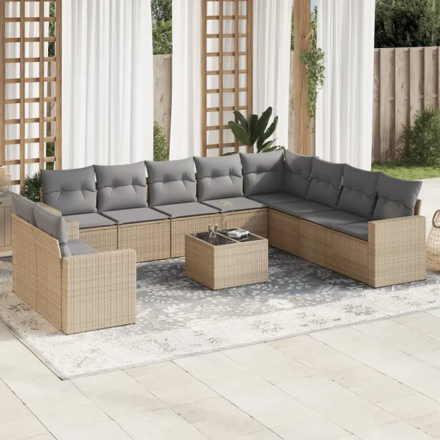 vidaXL 11-delige Tuinset met kussens poly rattan beige, foto 2