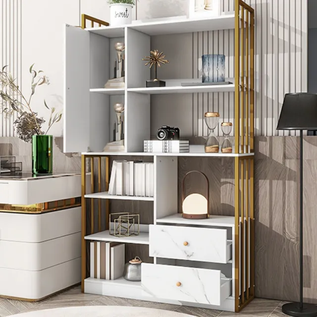 HAUSS SPOLE Boekenkast Met 6 Planken Deuren En Laden Voor Woonkamer En Werkkamer Goud Wit Marmerlook Spaanplaat 100x30x173,5 Cm